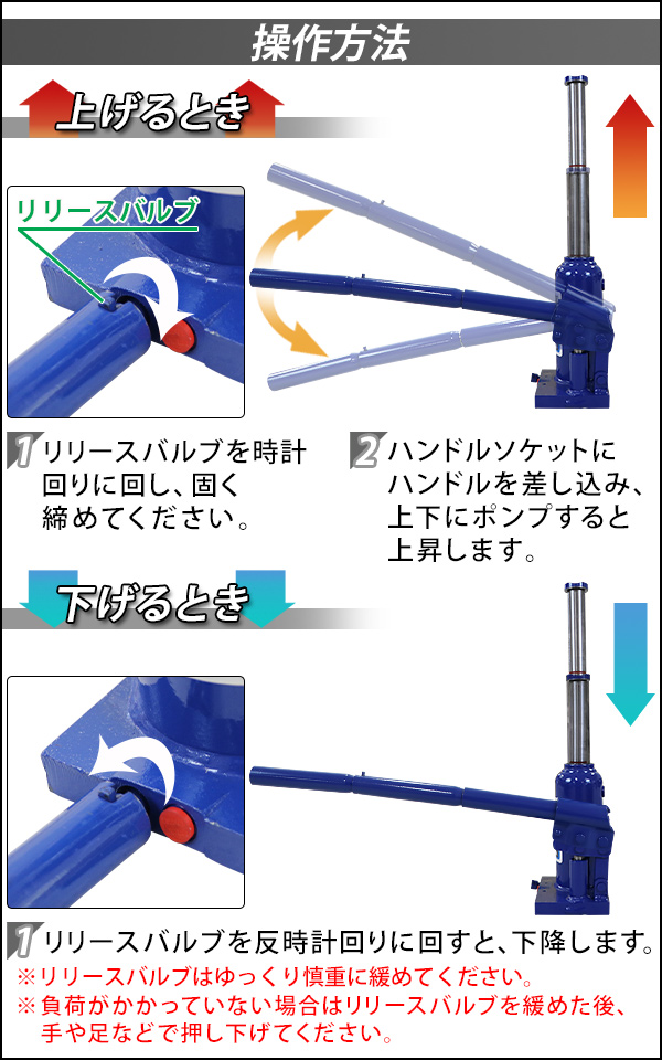 ボトルジャッキ 油圧式 最高位約390mm 定格荷重約2t 約2.0t 2台セット 2個 油圧ジャッキ 二段階 三段階 多段階 だるまジャッキ ダルマジャッキ 手動 安全弁付き_6