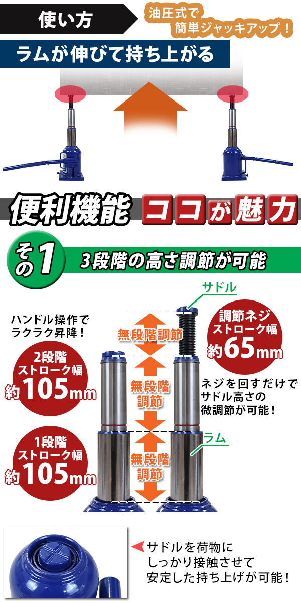 ボトルジャッキ 油圧式 最高位約445mm 定格荷重約8t 約8.0t 4台セット 4個 油圧ジャッキ 二段階 三段階 多段階 だるまジャッキ ダルマジャッキ 手動 安全弁付き｜bauhaus1｜05