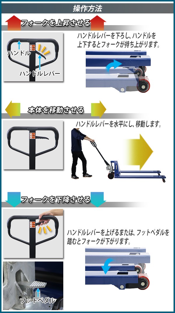 ハンドリフト 両面パレット用 幅広約685mm フォーク長さ約1200mm 高さ