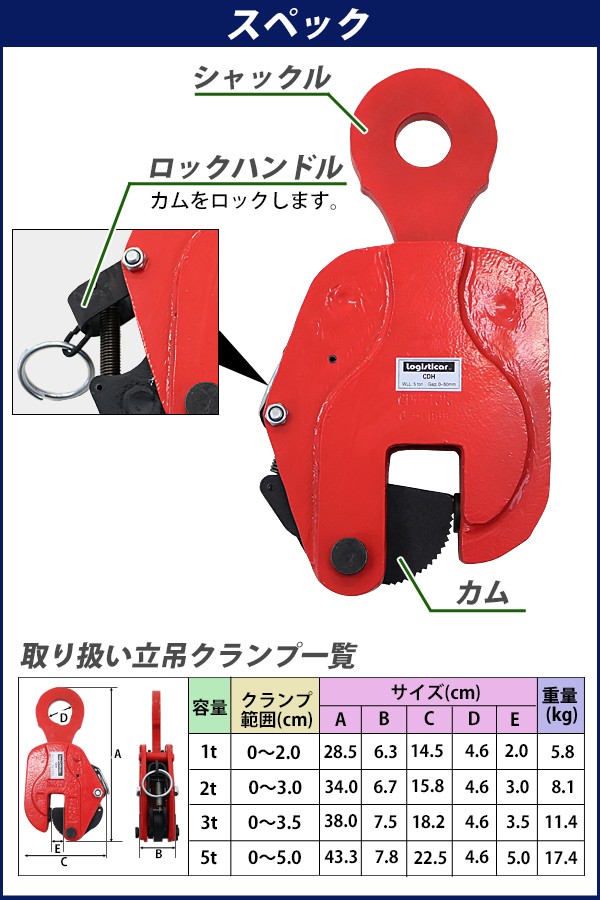 立吊クランプ ロック式 定格容量約5t クランプ範囲約0〜5.0cm