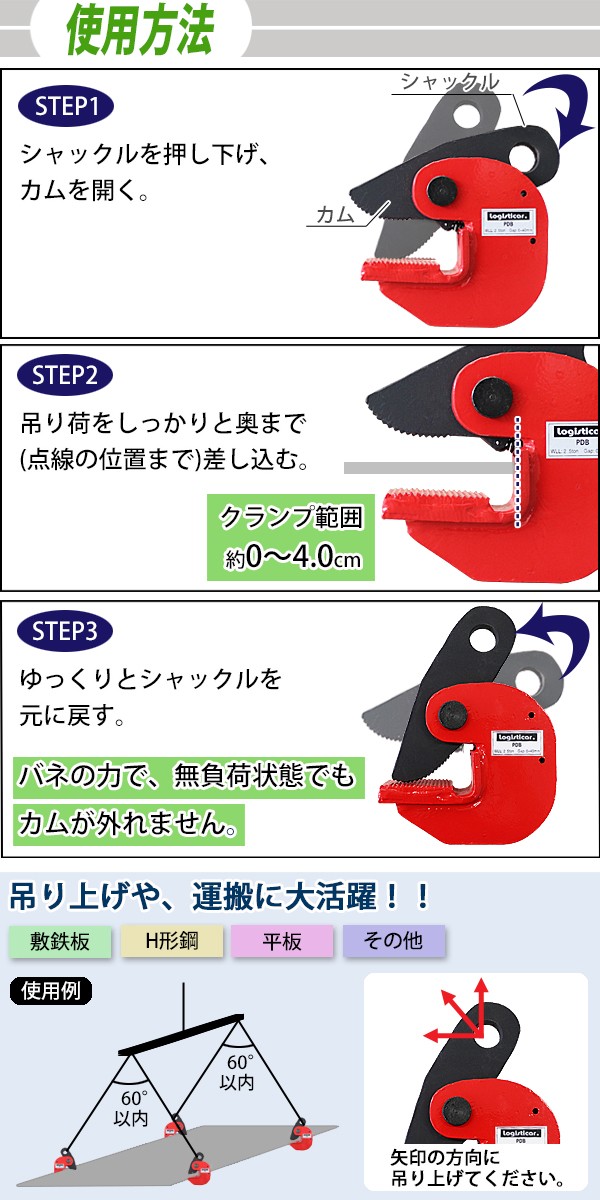 横吊クランプ 定格容量約2.5t クランプ範囲約0〜4.0cm クランプ 水平