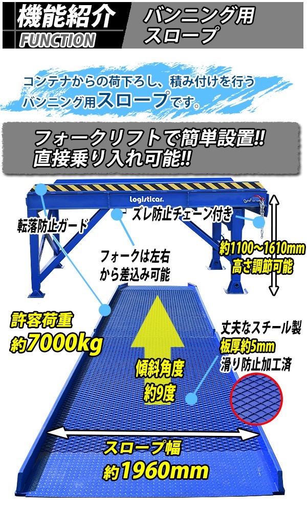 コンテナスロープ 耐荷重約7000kg スチール製 ブルー 幅約2100mm 長さ