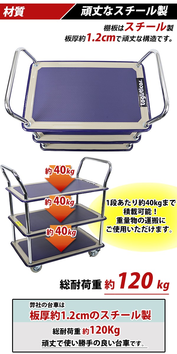 台車 スチール製 3段台車 板厚約1.2cm 総耐荷重約120kg 幅約48cm 奥行約81cm スチール ツールワゴン ツールカート 運搬台車 手押し 台車 daishad3120 : daisha-d3-120 : BAUHAUS - 通販 - Yahoo!ショッピング