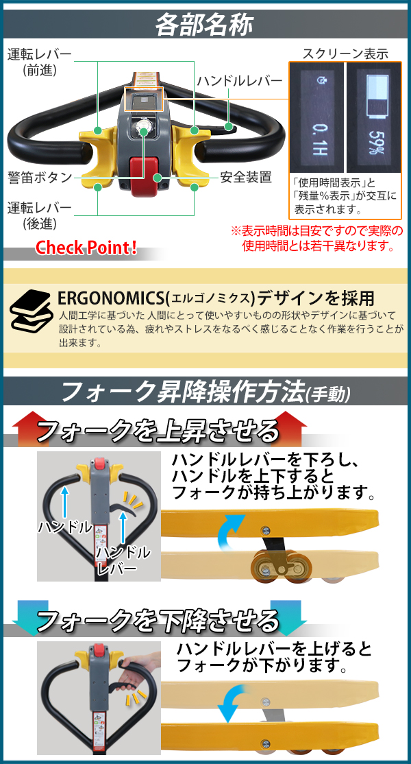 自走式 電動走行 ハンドリフト PSE適合 幅広約685mm フォーク長さ約