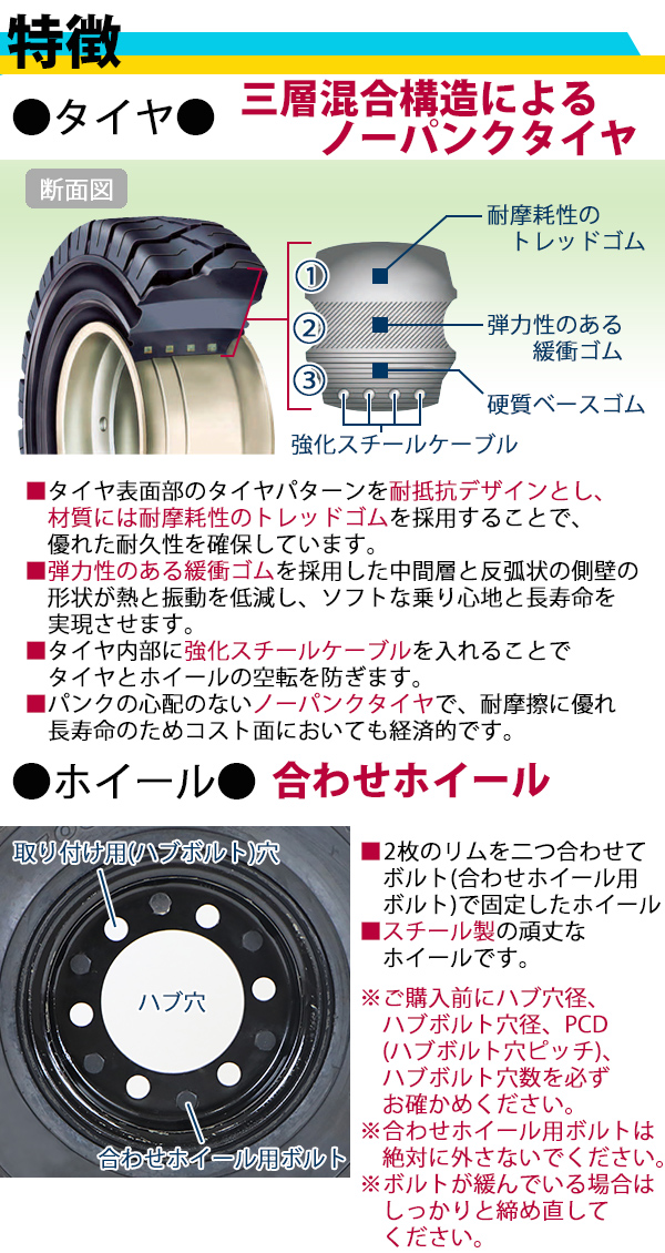 フォークリフト用タイヤ 合わせホイール付き 1本 TR20 タイヤサイズ 7.00-12 リム幅 5.00 穴数 6 ハブ穴径 約170mm ノーパンクタイヤ 黒 KOMATSU コマツ｜bauhaus1｜03