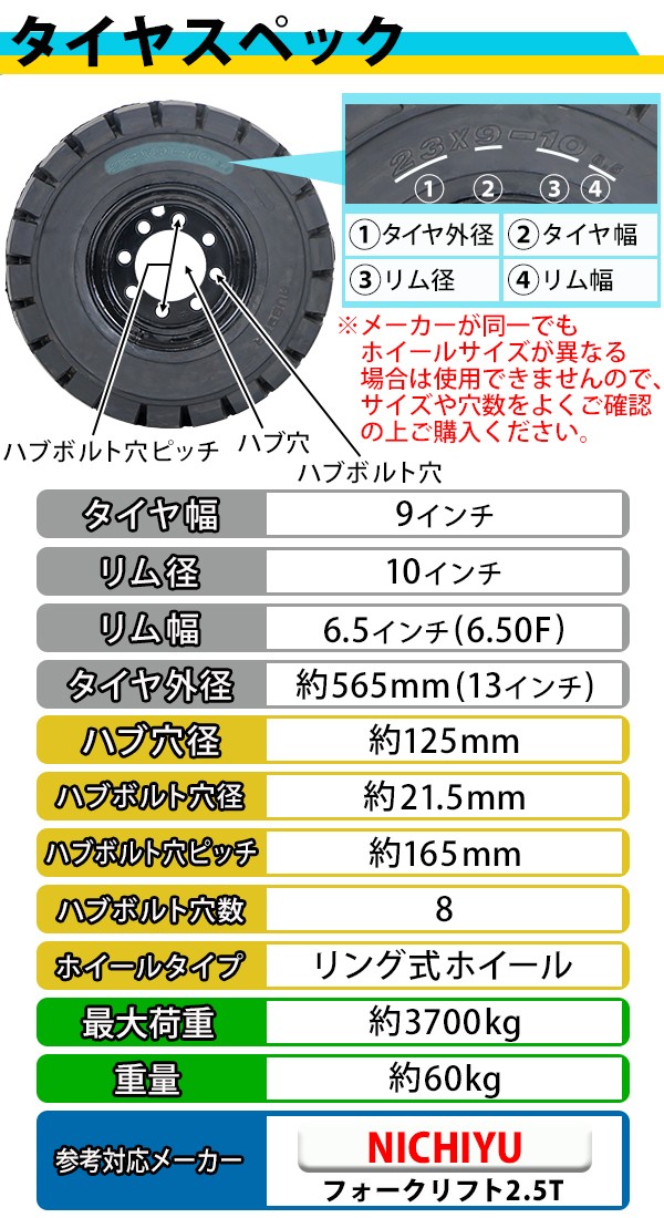 フォークリフト用タイヤ リング式ホイール付き 1本 TR28 タイヤサイズ 23×9-10 リム幅 6.50 穴数 8 ハブ穴径 約125mm  ノーパンクタイヤ 黒 NICHIYU ニチユ : flifttire-tr28 : BAUHAUS - 通販 - Yahoo!ショッピング