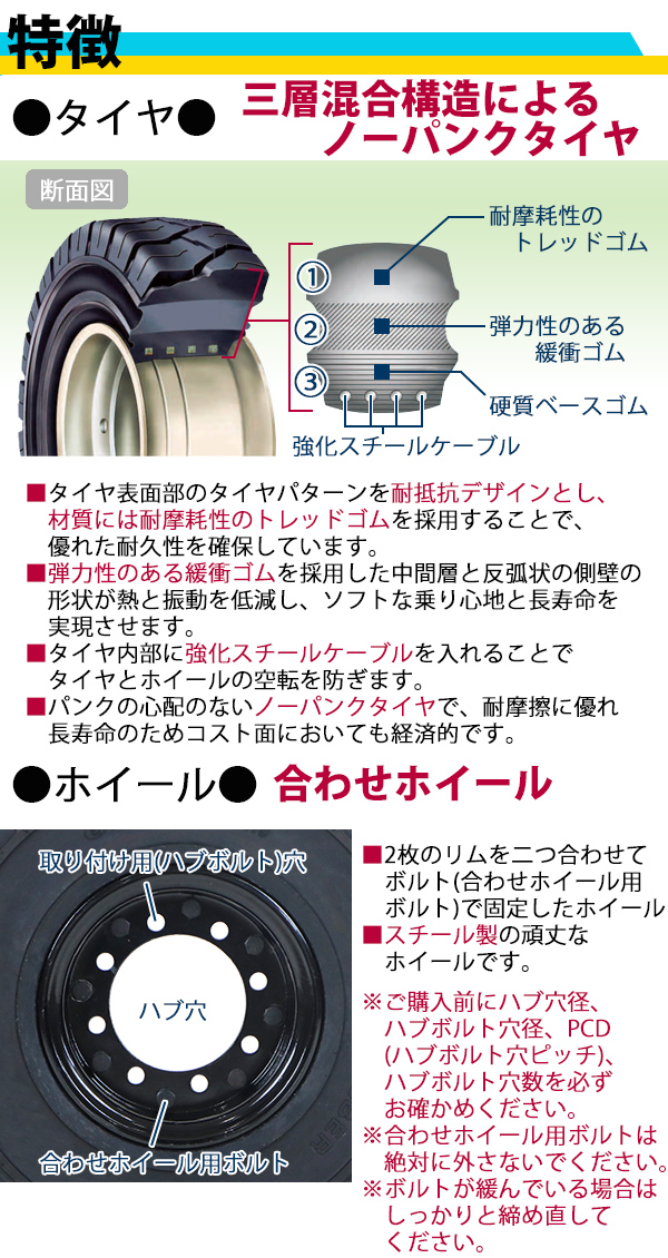 フォークリフト用タイヤ 合わせホイール付き 1本 TR8 タイヤサイズ 6.00-9 リム幅 4.00 穴数 8 ハブ穴径 約130mm ノーパンクタイヤ ブラック 黒 KOMATSU コマツ｜bauhaus1｜03