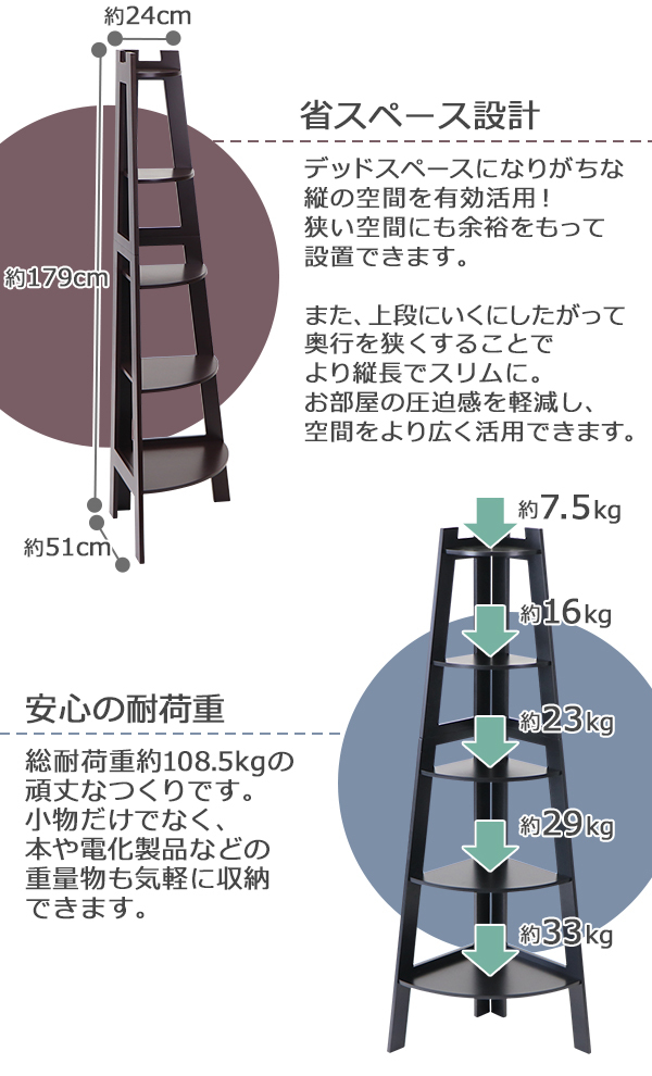 5段 コーナーシェルフ コーナーラック 選べる3カラー オープンラック
