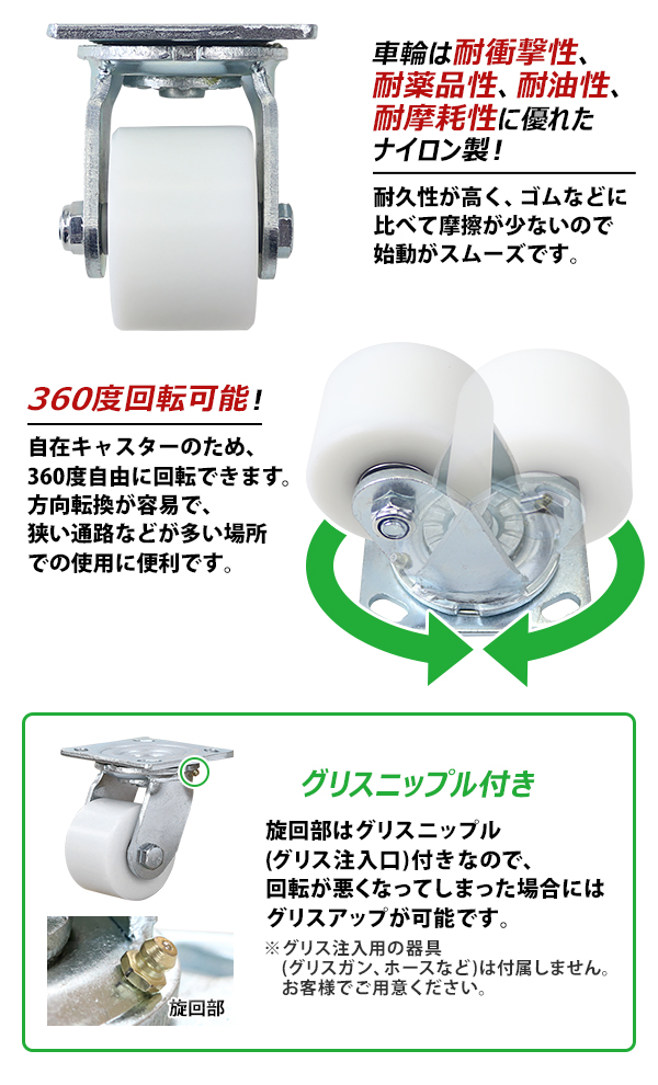 キャスター 自在キャスター重量用 ナイロン製 4個セット 重量用キャスター 耐荷重約750kg(1個あたり) 車輪直径約80mm 幅約54mm グリスニップル付き  自在車 : cstr-nyfr-n80-4p : BAUHAUS - 通販 - Yahoo!ショッピング