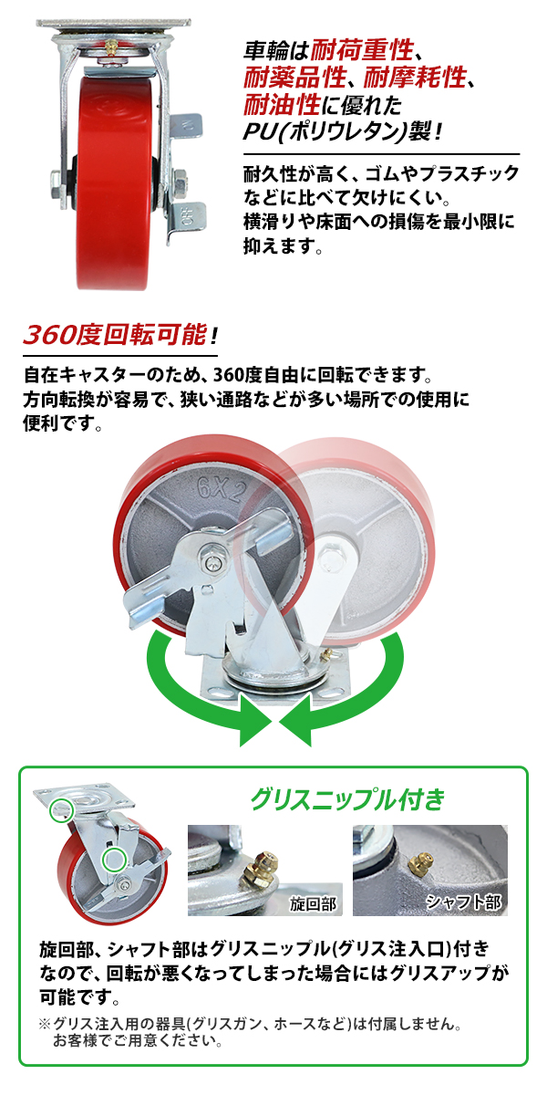 キャスター 自在キャスター 重量用 PU製 ストッパー付き 4個セット 重量用キャスター 耐荷重約300kg(1個あたり) 車輪直径約150mm 幅約50mm  グリスニップル付き : cstr-pufrs-660b-4p : BAUHAUS - 通販 - Yahoo!ショッピング