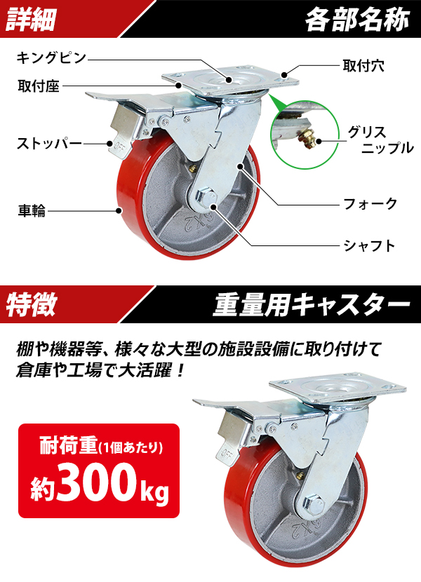 キャスター 自在キャスター 重量用 PU製 ストッパー付き 4個セット 重量用キャスター 耐荷重約300kg(1個あたり) 車輪直径約150mm 幅約50mm グリスニップル付き｜bauhaus1｜02