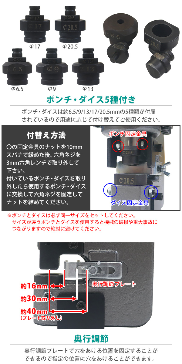電動油圧式 パンチャー 最大加圧約10t ポンチダイス5種セット φ6.5/9