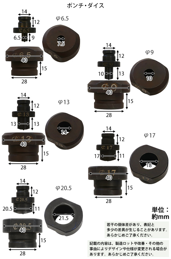 電動油圧式 パンチャー 最大加圧約10t ポンチダイス5種セット φ6.5/9
