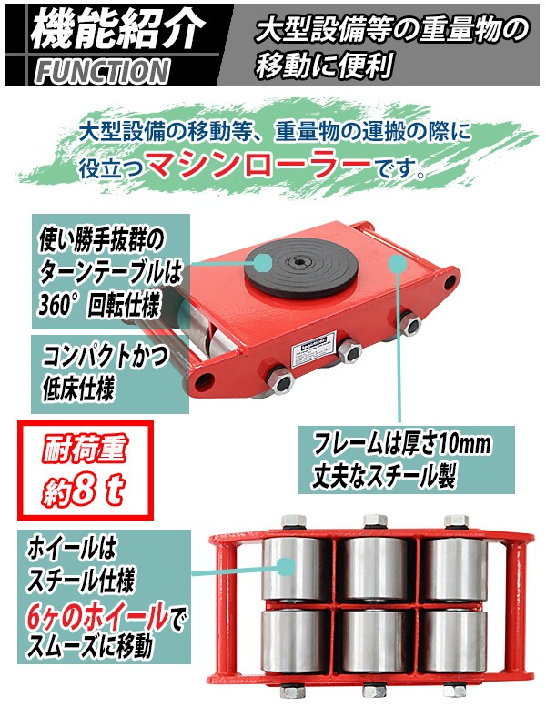 マシンローラー 耐荷重約8t スチール製ホイール 4台 4台セット 360° ターンテーブル 回転台 運搬ローラー 運搬マシンローラー 重量物 低床  レッド roller8ts4 :roller-8t-s-4:BAUHAUS - 通販 - Yahoo!ショッピング