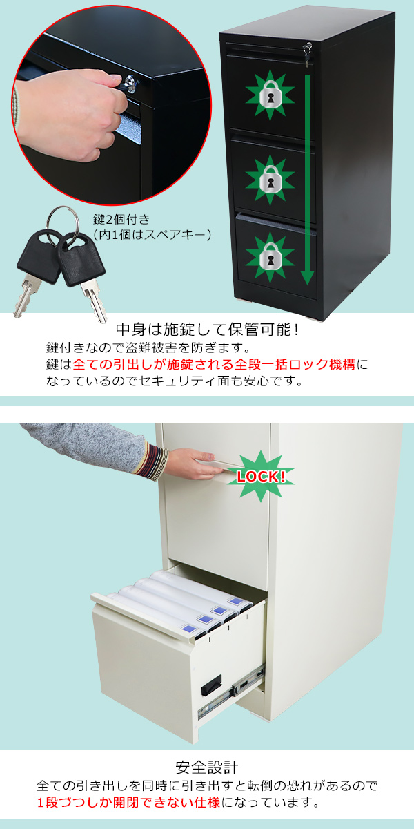 スチールキャビネット ファイリングキャビネット 3段 完成品 A4 選べる