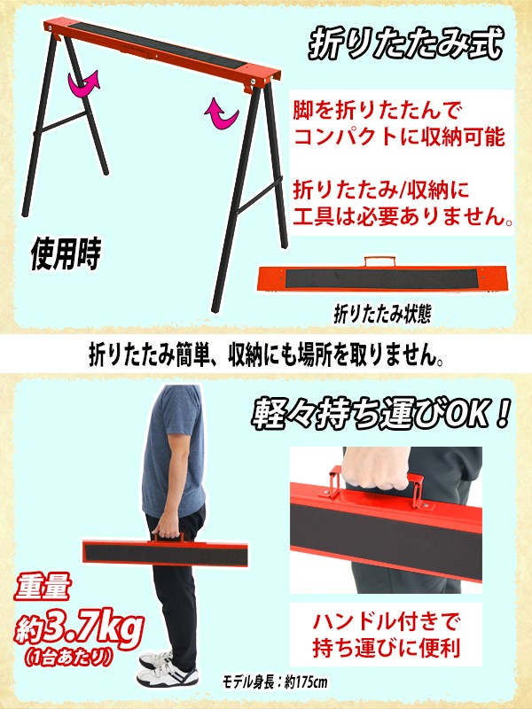 ソーホース 折りたたみ 赤 2台1組 工作台 作業台 天板幅約995mm 天板奥行約100mm 高さ約770mm 耐荷重約50kg DIY 日曜大工  裁断 切断 簡易作業台 : sawhorse-t01red : BAUHAUS - 通販 - Yahoo!ショッピング