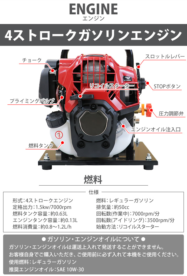 噴霧器 置き型 エンジン式 給水式 4スト 最大圧力約8Mpa 本体重量約11.5kg 二口噴出口 ノズル 動噴 4ストローク 軽量