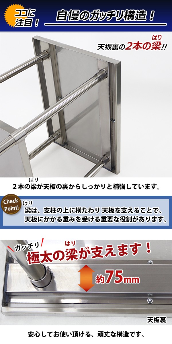 オールステンレス作業台 2段 耐荷重約160kg 約幅800×奥行600×高さ800mm