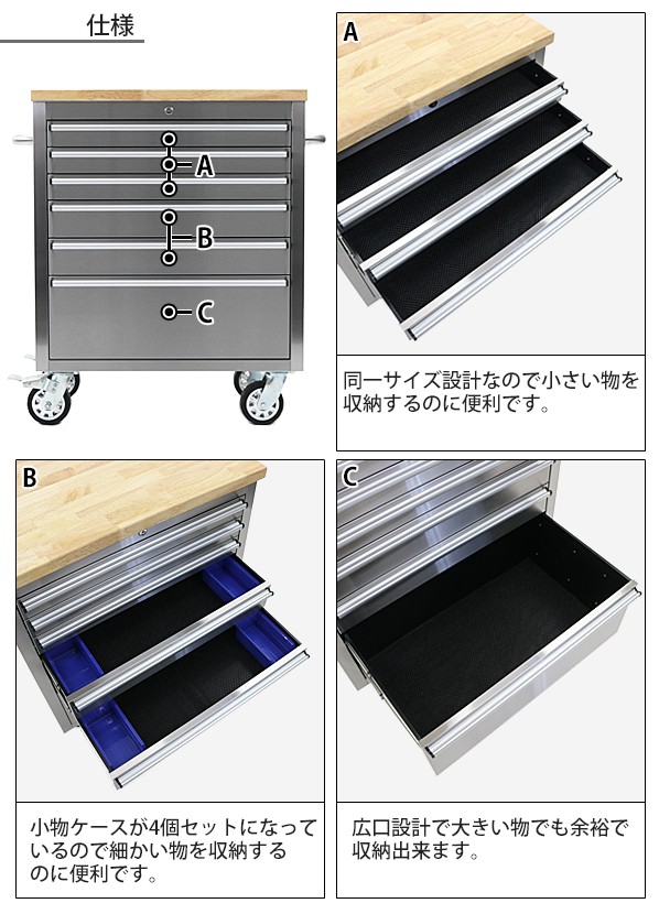 ステンレス ツールキャビネット 総積載荷重約360kg 約幅910×奥行