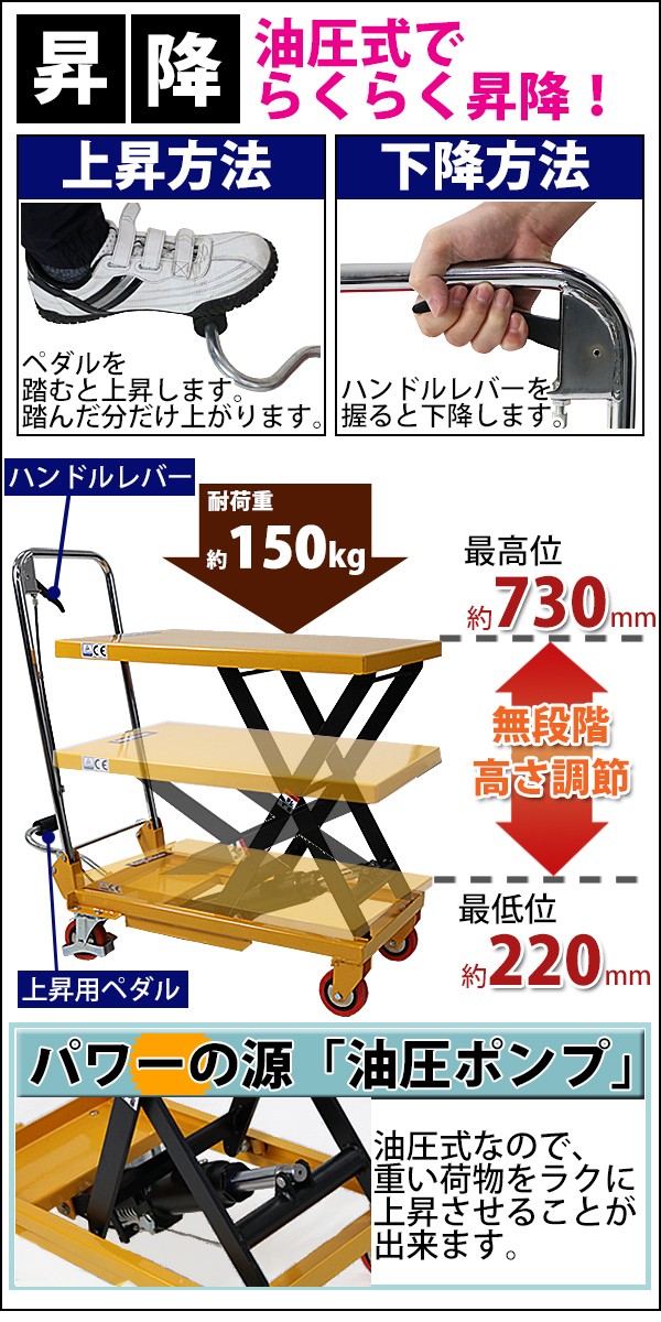 油圧式昇降台車 リフトカート テーブルカート ハンドリフター 黄 折りたたみ 耐荷重約150kg キャスター付き ノーパンクタイヤ  liftdaishasy15y