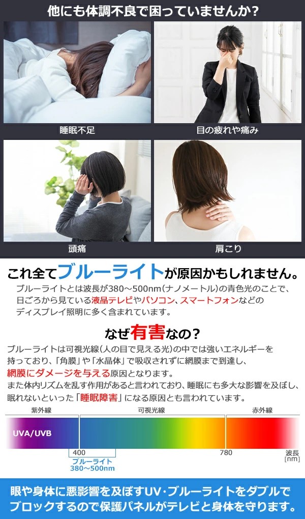 ブルーライトカット 液晶テレビ保護パネル 55インチ UVカット 約横1240×奥行30×高さ740mm 眼に優しい テレビガード アクリル板 キャスト製法 55型 紫外線