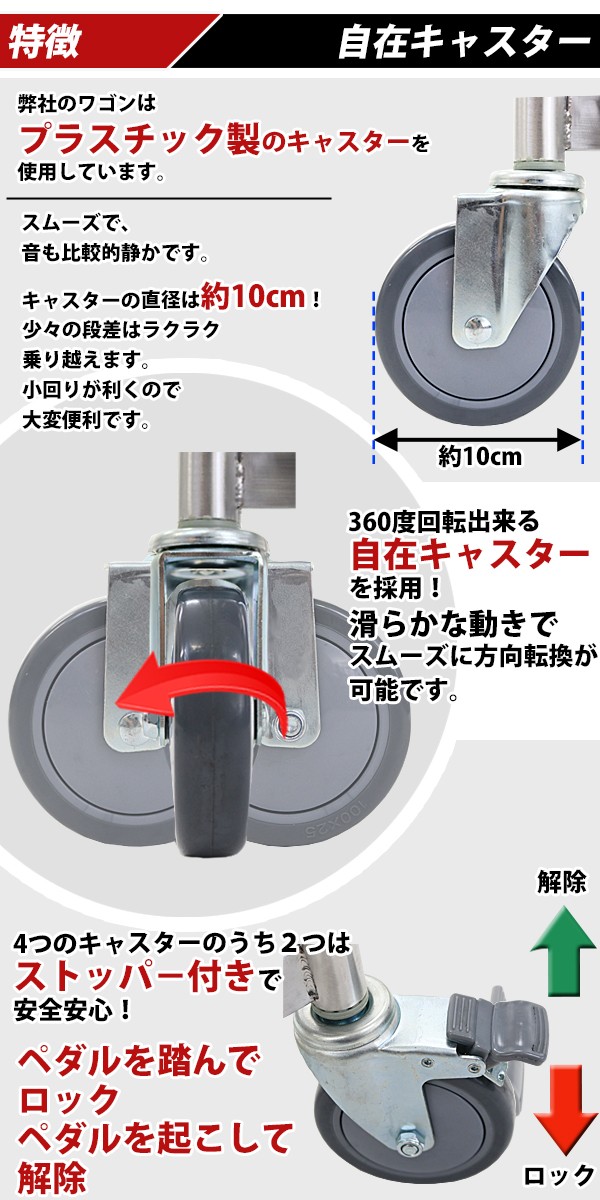 ワゴン ステンレス サービスワゴン ガード付き 3段 Lサイズ 総耐荷重約