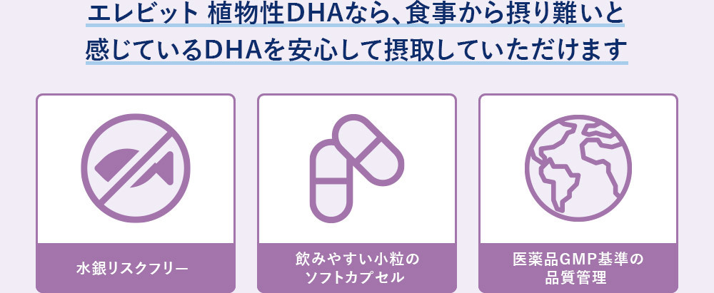 エレビット 植物性DHAなら、食事から摂り難いと感じているDHAを安心して摂取していただけます