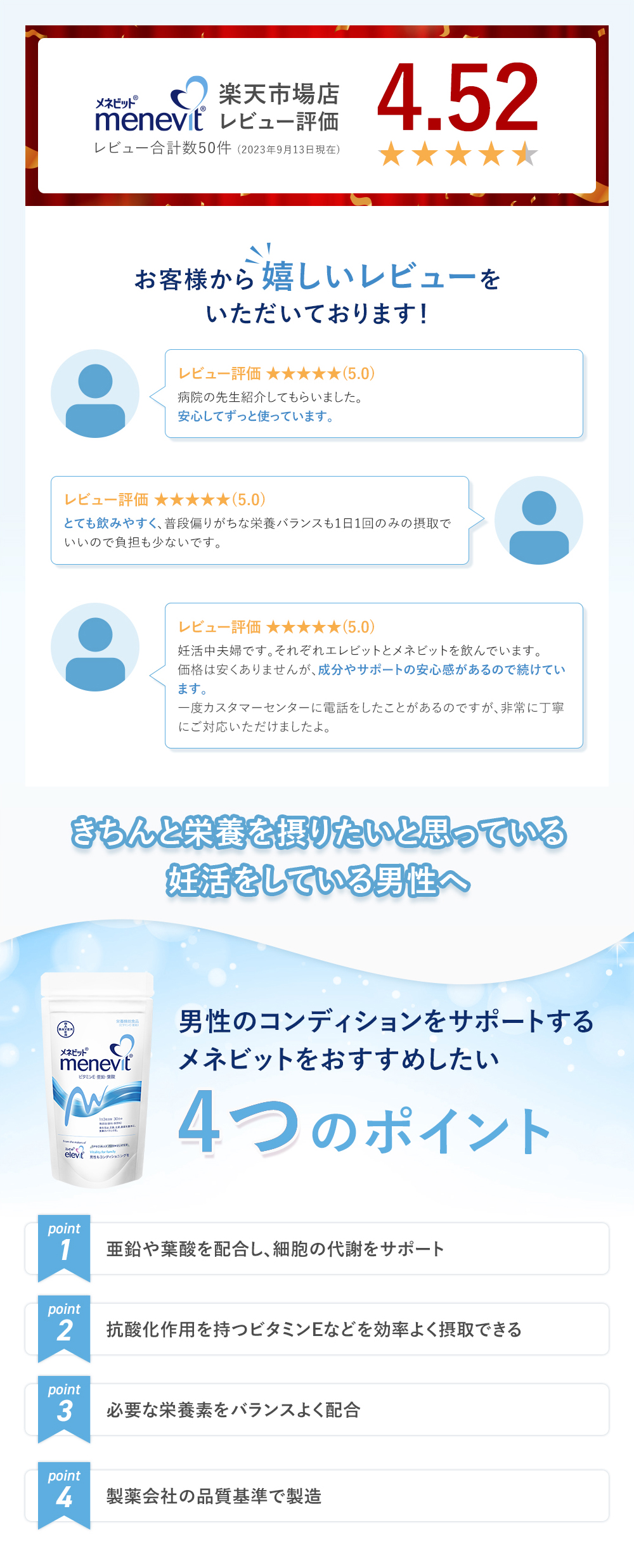 お客様から嬉しいレビューをいただいております メネビットをお勧めしたい4つのポイント