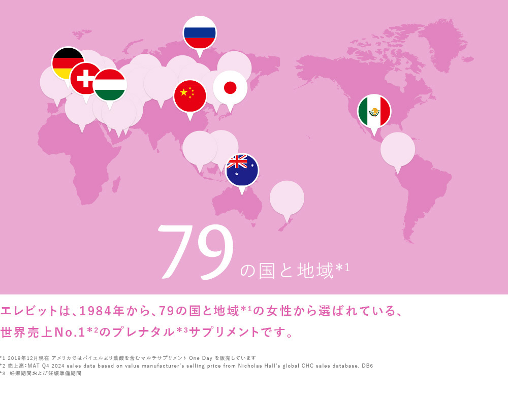 エレビットは、1984年から、79の国と地域*1の女性から選ばれている、世界売上No.1*2のプレナタル*3サプリメントです。