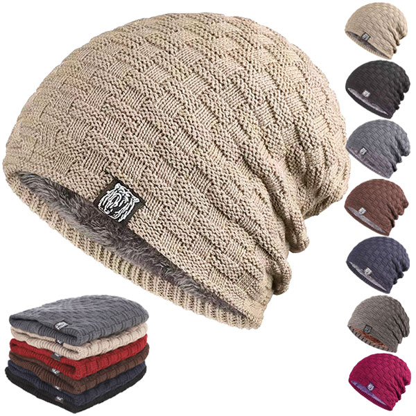 LGBのボアニット帽 厚手 格子織柄 ニット帽 帽子 ボア裏地 ニットキャップ ワッチキャップ