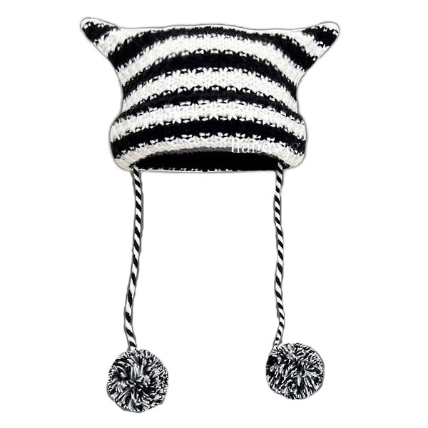 ニット帽 猫耳 ボーダー柄 帽子 ネコミミ ニットキャップ 猫ミミ 折り返し あごひも ケーブル編 ビーニー キッズ帽子 レディース女性用 KNIT CAP 4999 |  | 01