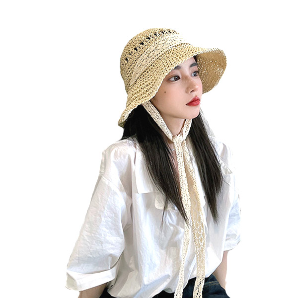 麦わら帽子 レース あごひも付き つば広 UVカット草編み 小顔
