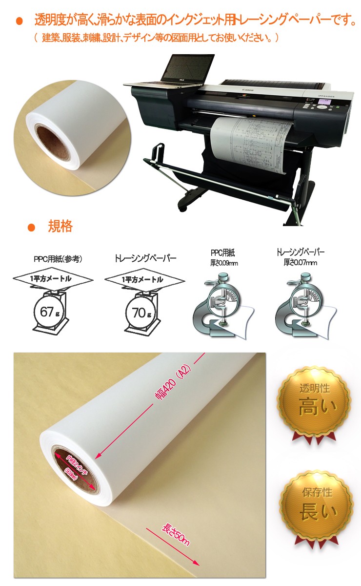 製図用紙 インクジェットロール紙 トレーシングペーパー 420mm×50ｍ 2