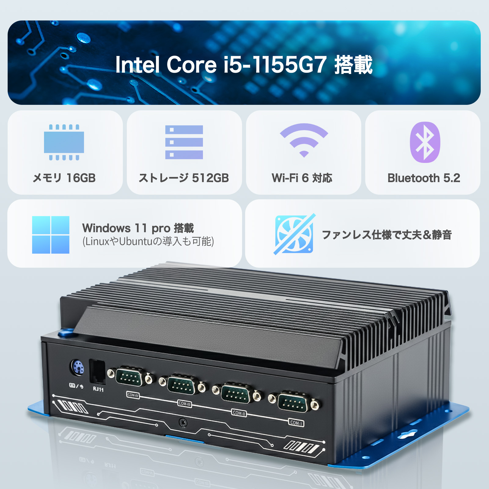 Skynew ファンレスミニPC 産業用 Windows11 Intel i5 / 16GB / 512GB