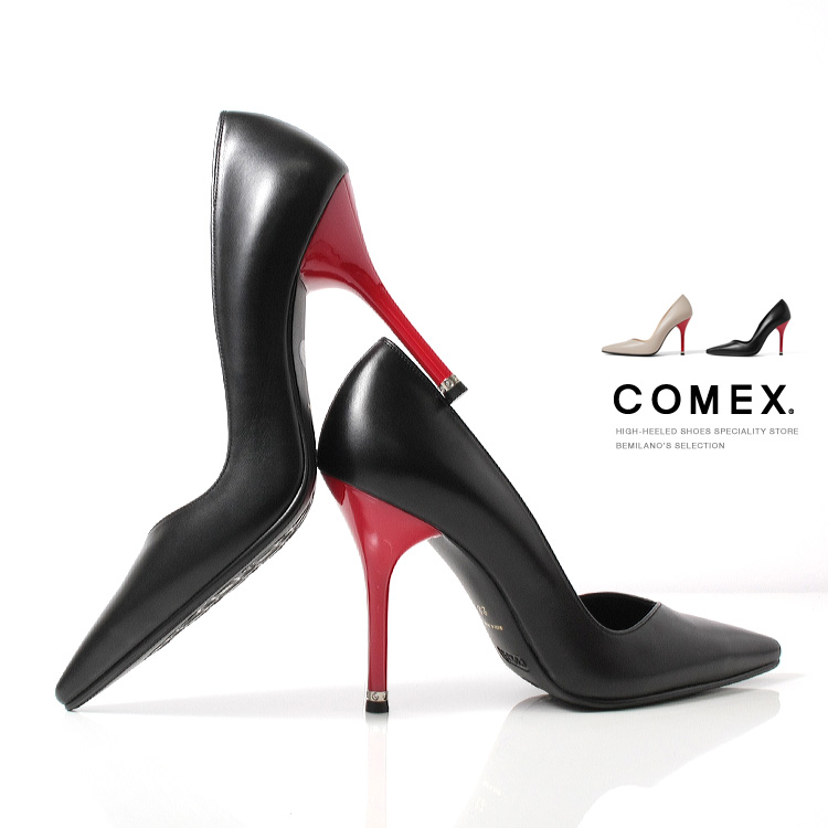 黒赤ハイヒールパンプス COMEX パンプス ハイヒール ポインテッドトゥ 赤ヒール