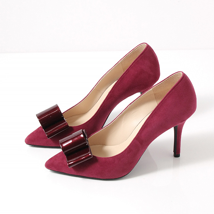 ワインレッド スエード リボン付き パンプス COMEX（コメックス） リボン付き パンプス 9cmヒール 日本製 本革