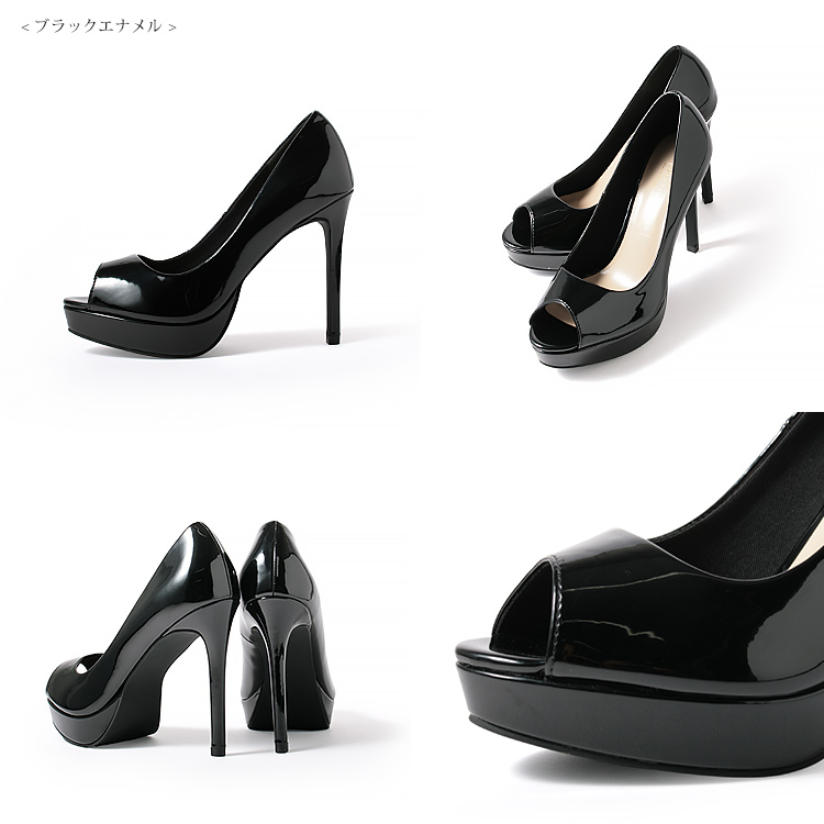 パンプス ハイヒール オープントゥ エナメル プラットフォーム