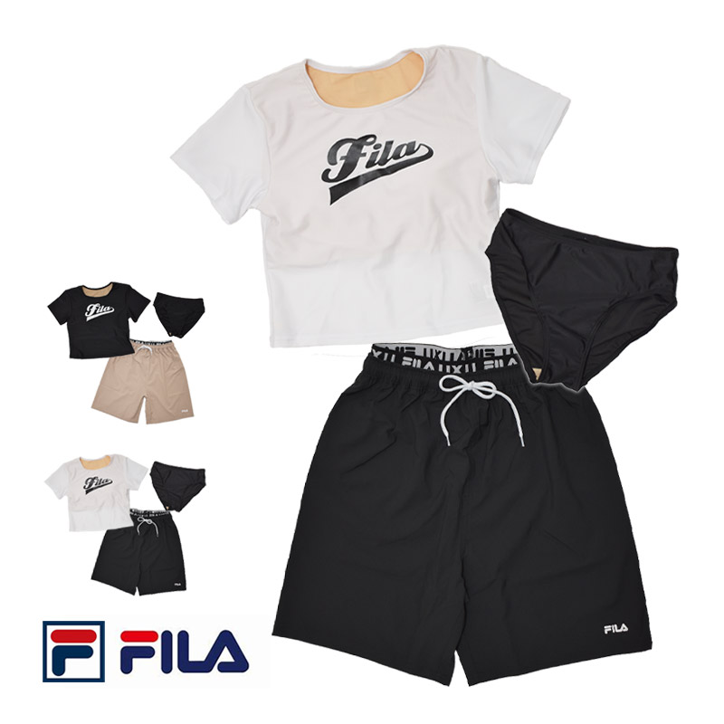 送料無料 水着 キッズ 女の子 上下セット FILA フィラ 3点セット 女児 セット水着 セパレート 半袖 Tシャツ パッド付き ショートパンツ  150 160 170 124661