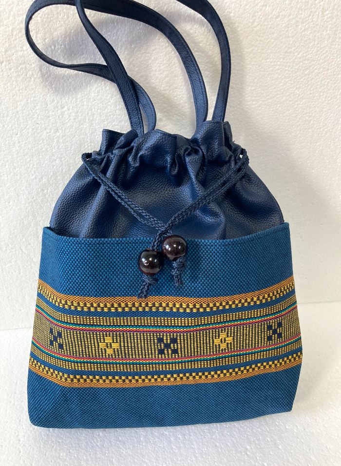 沖縄ミンサー浮織巾着バッグ ミンサーバッグ 手提げカバン 赤 青