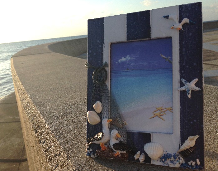 フレームカモメ貝殻 WOODBLUE ヨット 星砂 シェル写真立て 南島雑貨