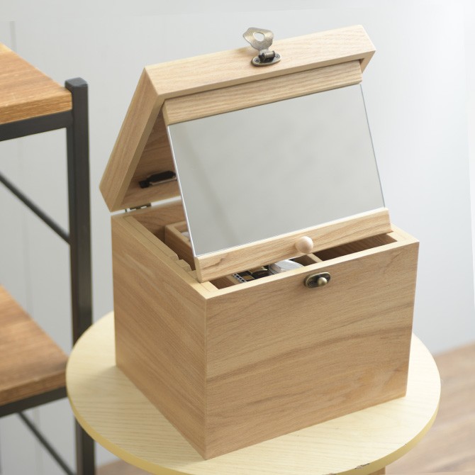 木製 メイクボックス コスメティック 鏡 ナチュラルウッド 横型