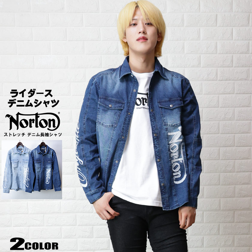 Norton ノートン ストレッチ デニム シャツ 刺繍 メンズ 長袖シャツ