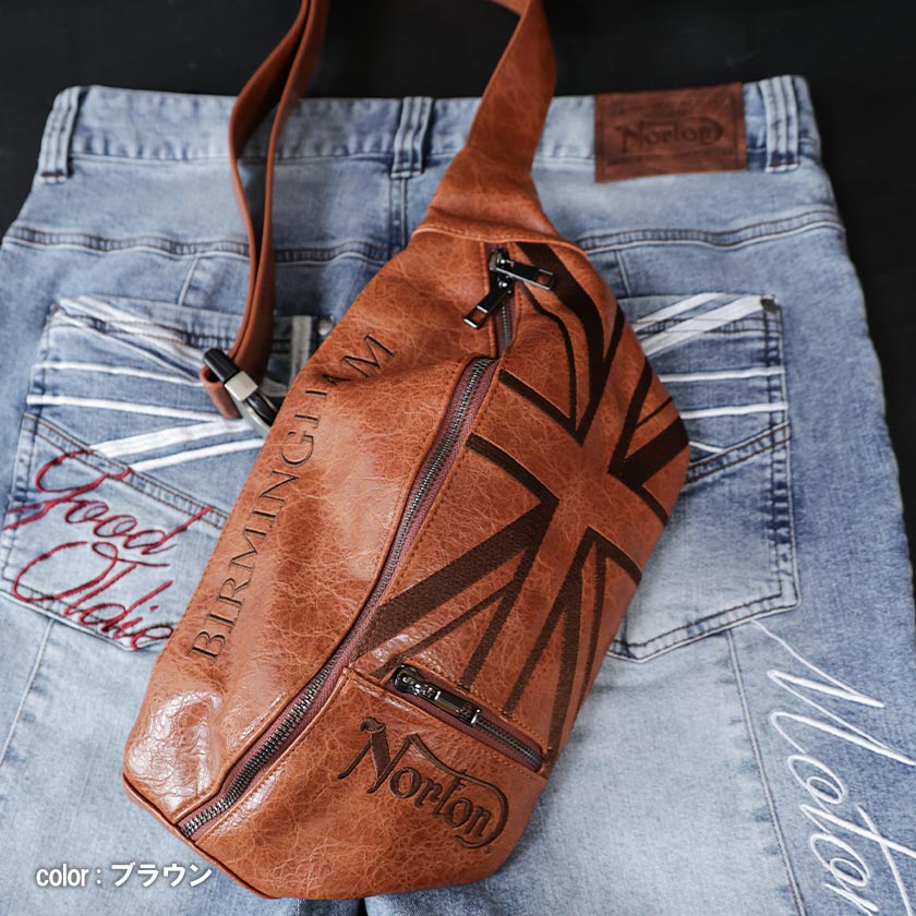 新品 定価12980円 NORTON 同色刺繍 PUフェイクレザー ボディバッグ ノートン ノートンモーターサイクル ボディバッグ Norton