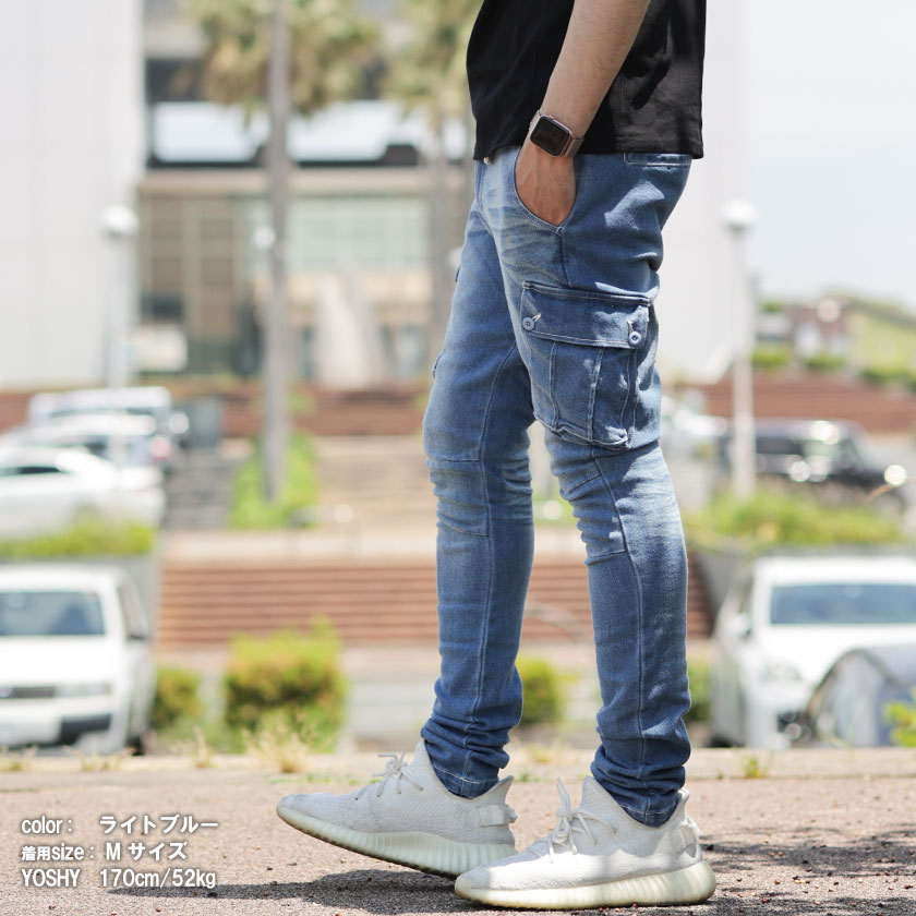 Beansセレクト ストレッチ デニム カーゴパンツ 伸縮 スリム ポケット