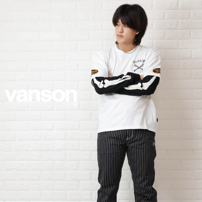 VANSON（バンソン） 重ね着風 ロンT メンズ ボーン 刺繍 長袖Tシャツ