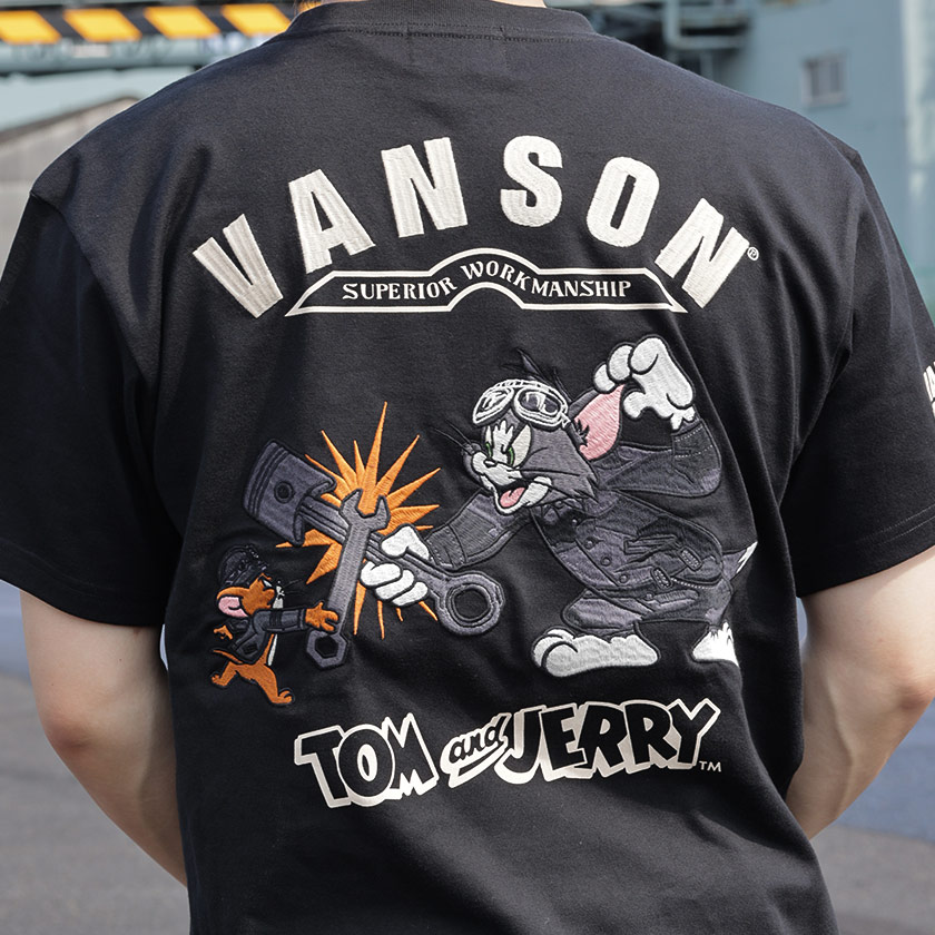 VANSON x TOM&JERRY (バンソン トムとジェリー コラボ) メカニック 半袖 Tシャツ バイカー 綿100% 男女兼用 カワイイ 黒  M L XL LL 2L ３L 2XL tjv-2229