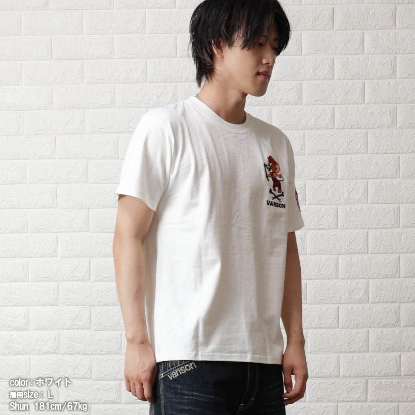 VANSON カスタムデザイン Tシャツ アイボリー VANSON バンソン Tシャツ 刺繍 メカニック ジェリー