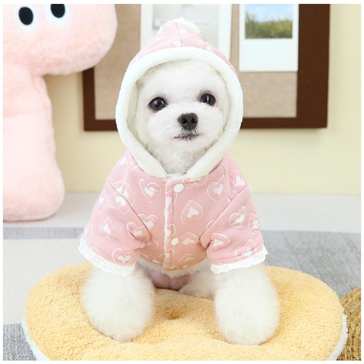 犬服 裏起毛コート 秋冬 ハート柄 ポコポコ生地 小型犬 中型犬 S M L