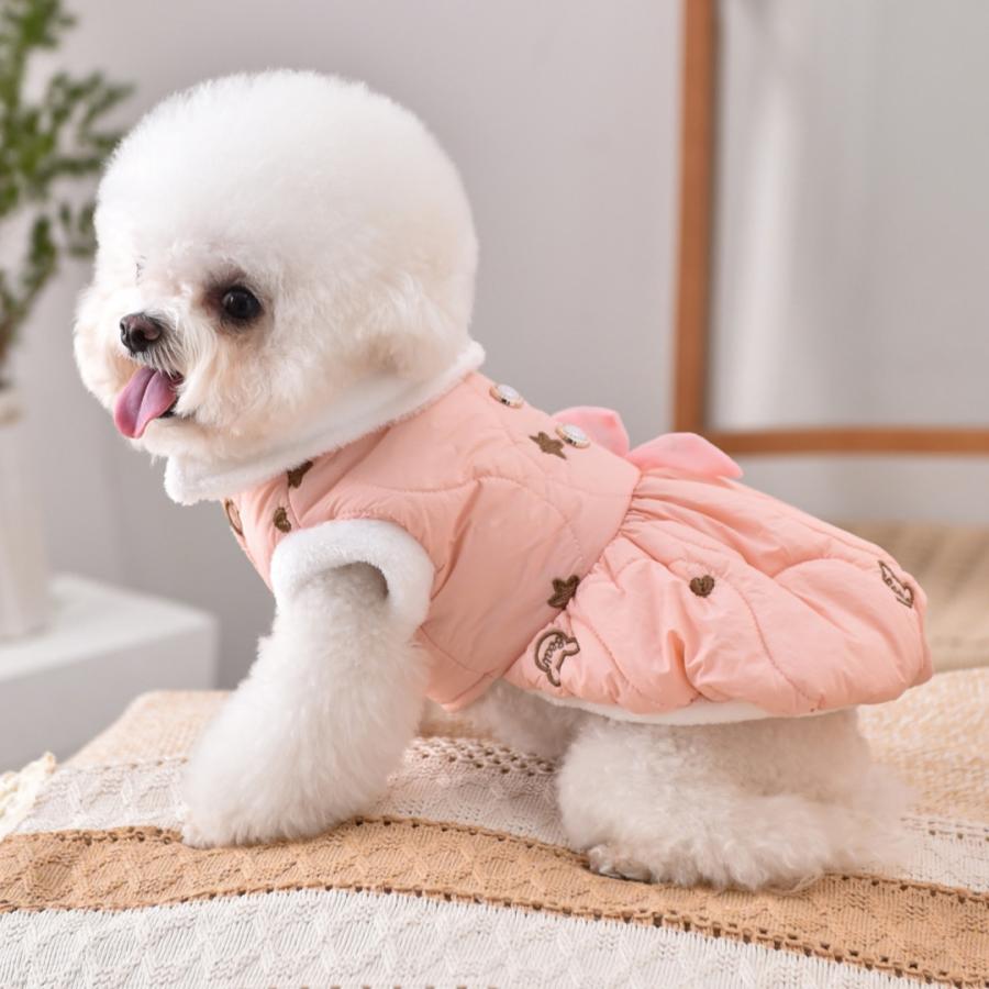 犬服 冬 ワンピース 裏起毛 防寒 リボン 星刺繍 前開き スナップボタン