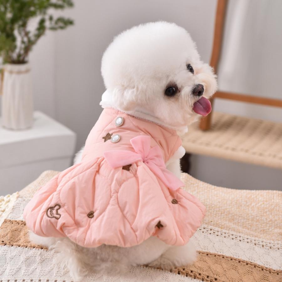 犬服 冬 ワンピース 裏起毛 防寒 リボン 星刺繍 前開き スナップボタン
